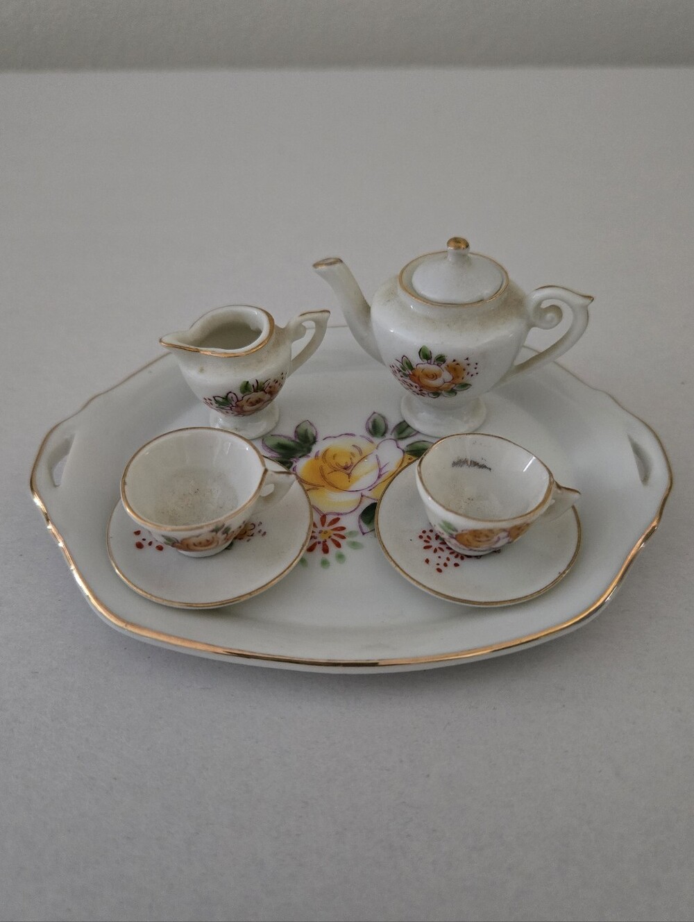 VTG MCM Viking Japan Mini Porcelain Tea Set Yellow Rose Motif Complete